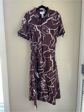Joseph Ribkoff Brown and White Abstract Print Midi Dress
